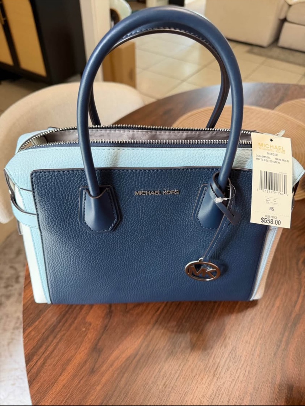 Michael Kors Two-Tone Navy and Light Blue Pebbled Leather Satchel